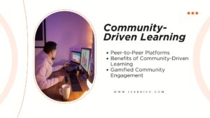 A diverse group of learners collaborating on an educational platform, sharing resources, and solving problems through peer-to-peer interaction, enhanced with gamification rewards.