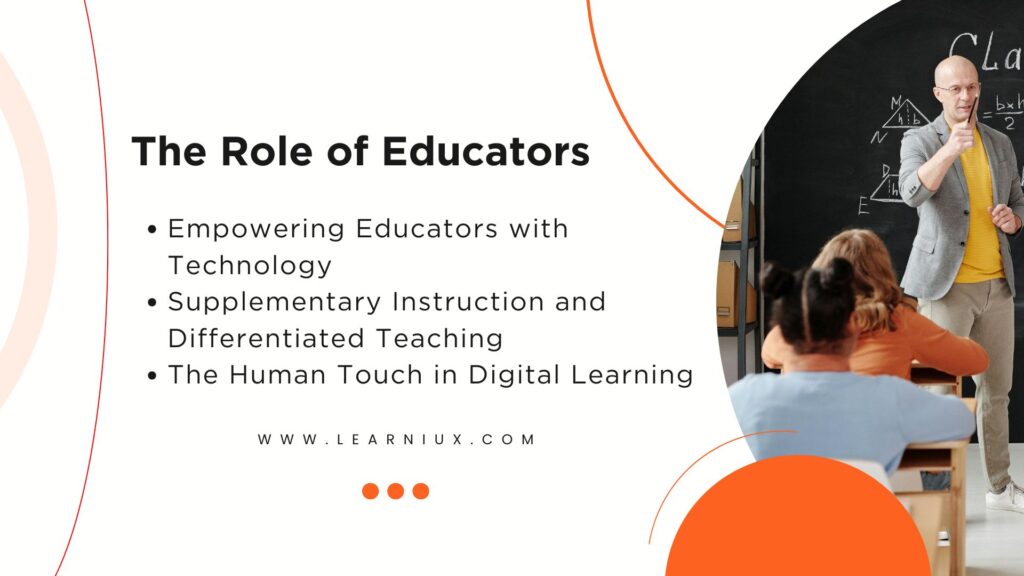 A teacher who facilitates a digital classroom with the help of multimedia tools and an LMS system guides students through personalized learning paths.