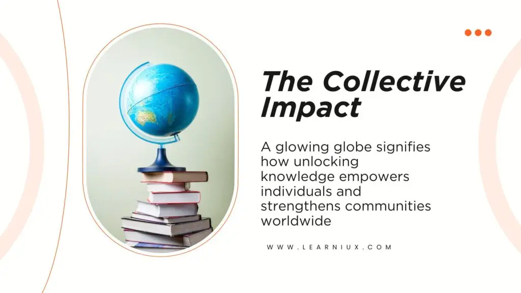 A glowing globe surrounded by diverse people holding books and digital devices symbolizes the collective impact of shared knowledge.