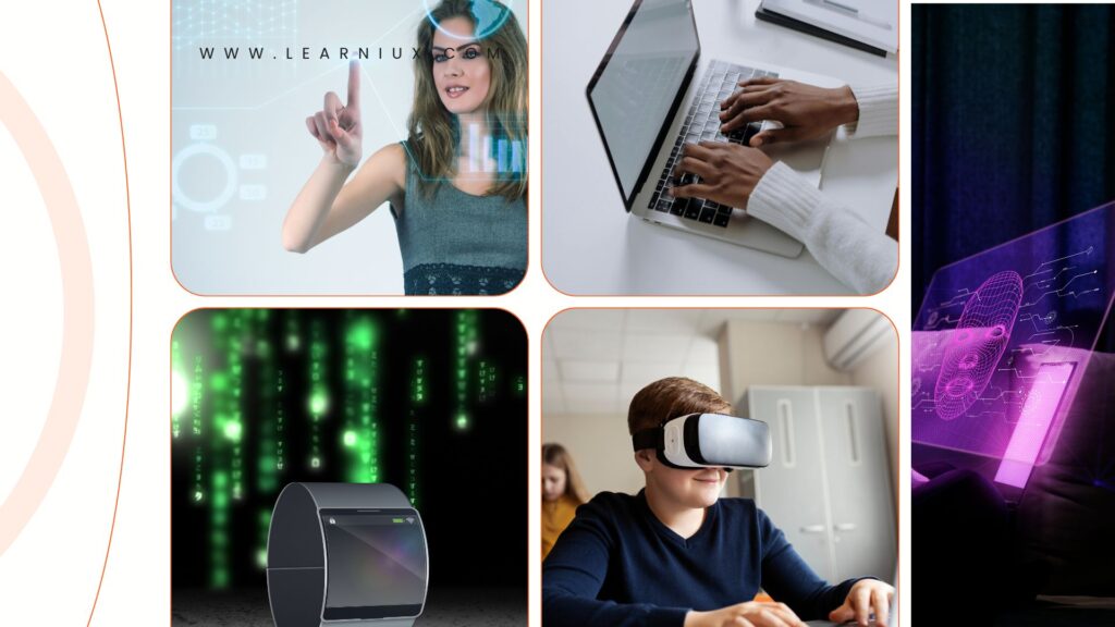 A futuristic classroom with AI-powered devices, interactive holograms, and a diverse group of learners collaborating virtually and in person.