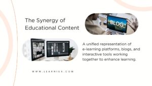 A seamless blend of laptops with e-learning courses, digital articles, and interactive game interfaces on the screen.