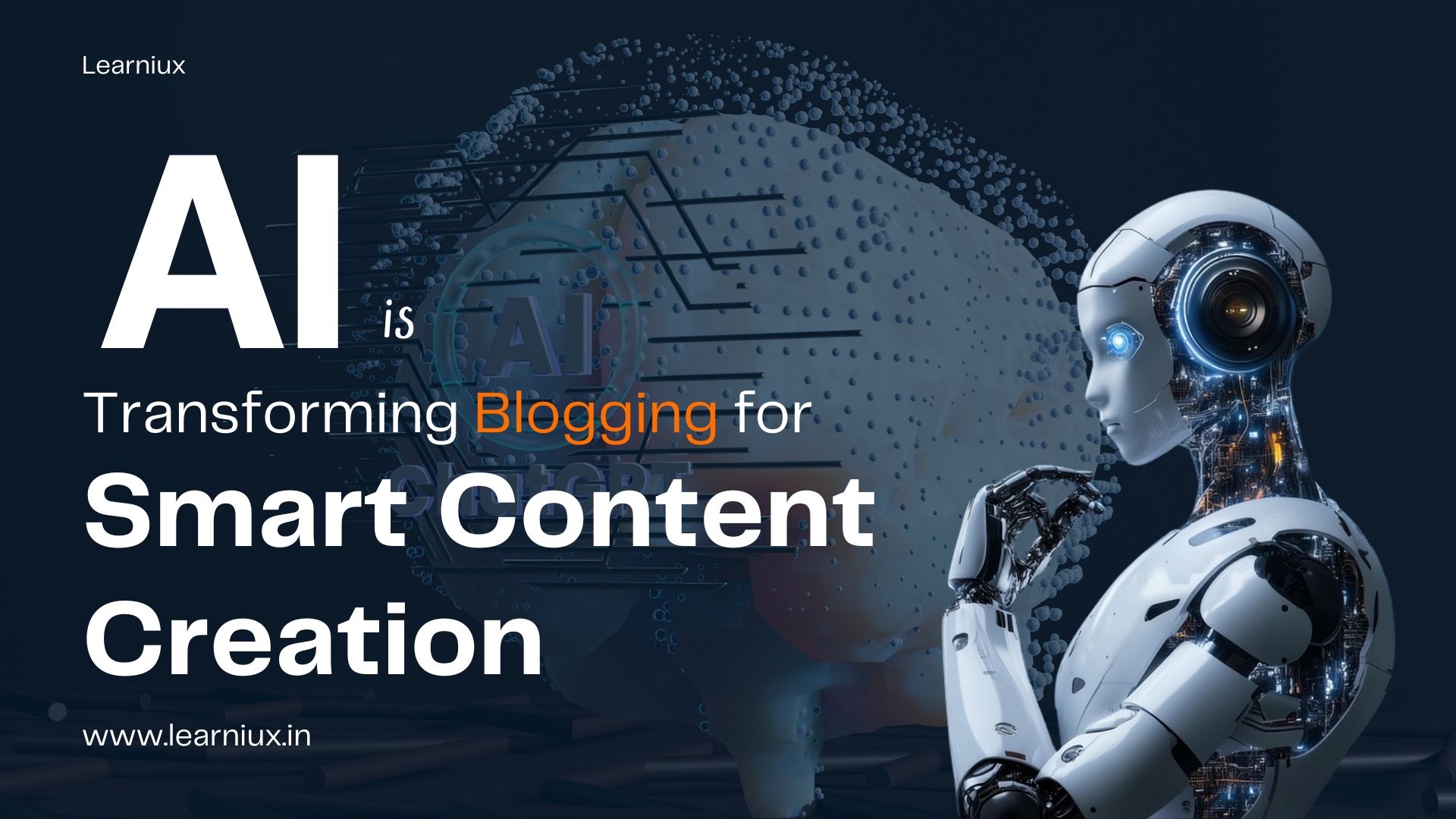 AI-powered humanoid robot analyzing smart content creation for blogging on a futuristic digital interface