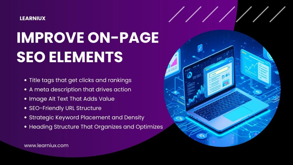 Illustration of a laptop screen with a list of essential on-page SEO elements such as title tags, meta descriptions, image alt text, URL structure, and headings.