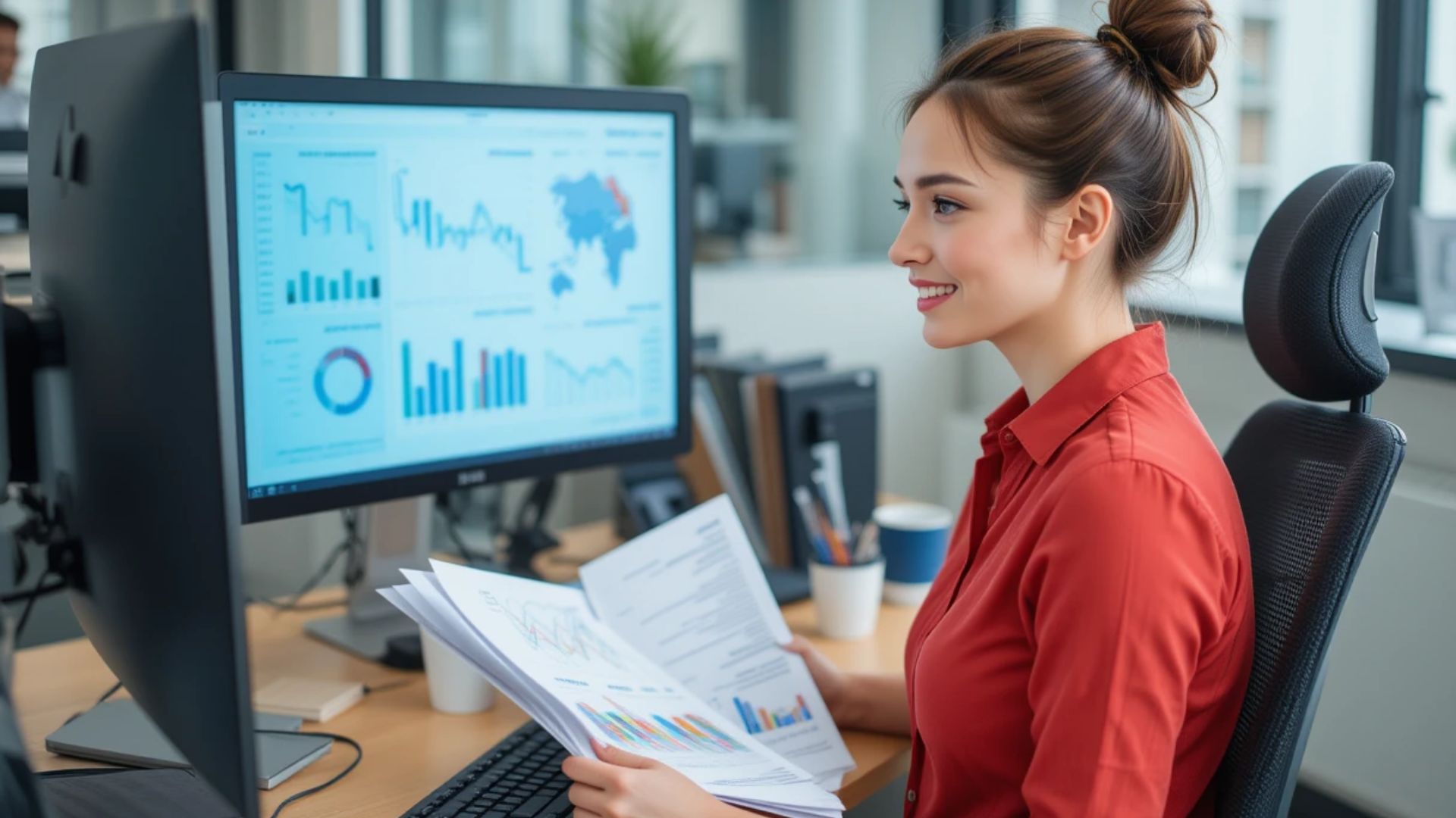 Businesswoman analyzing SEO performance charts on screen to improve Google rankings