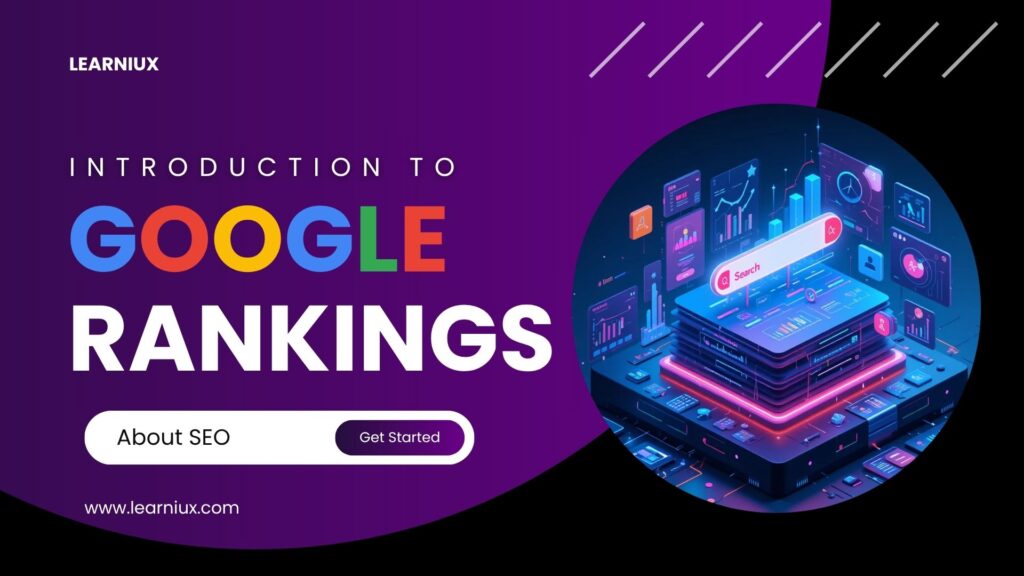 3D digital illustration of the Google search interface with ranking graphs and SEO elements used to present Google ranking strategies by Learniux