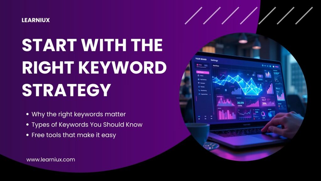 Ideal for representing the concept of starting with the right keyword strategy, vibrant SEO keyword analytics are displayed on a laptop screen with performance graphs.