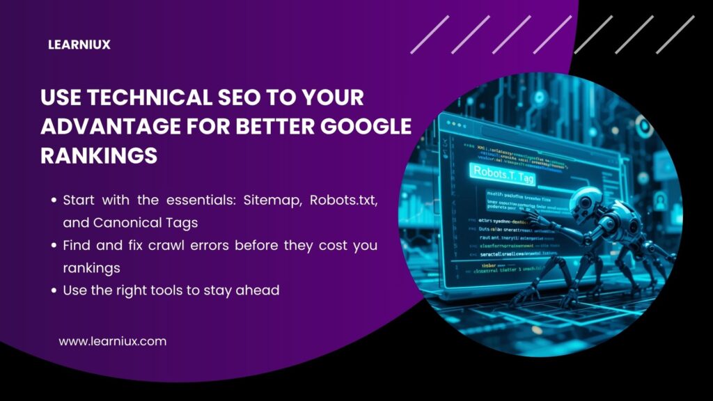 3D robot analyzing robots.txt tag on digital screen, showing technical SEO optimization to improve Google rankings