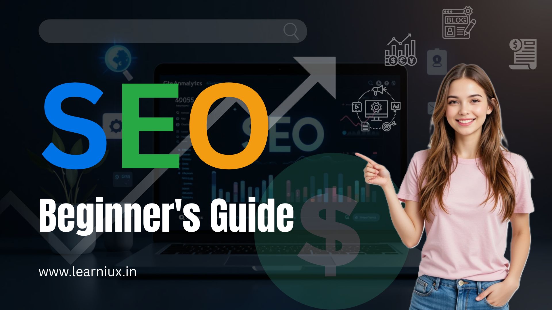 Smiling young woman pointing at SEO Beginners Guide with laptop and charts in the background
