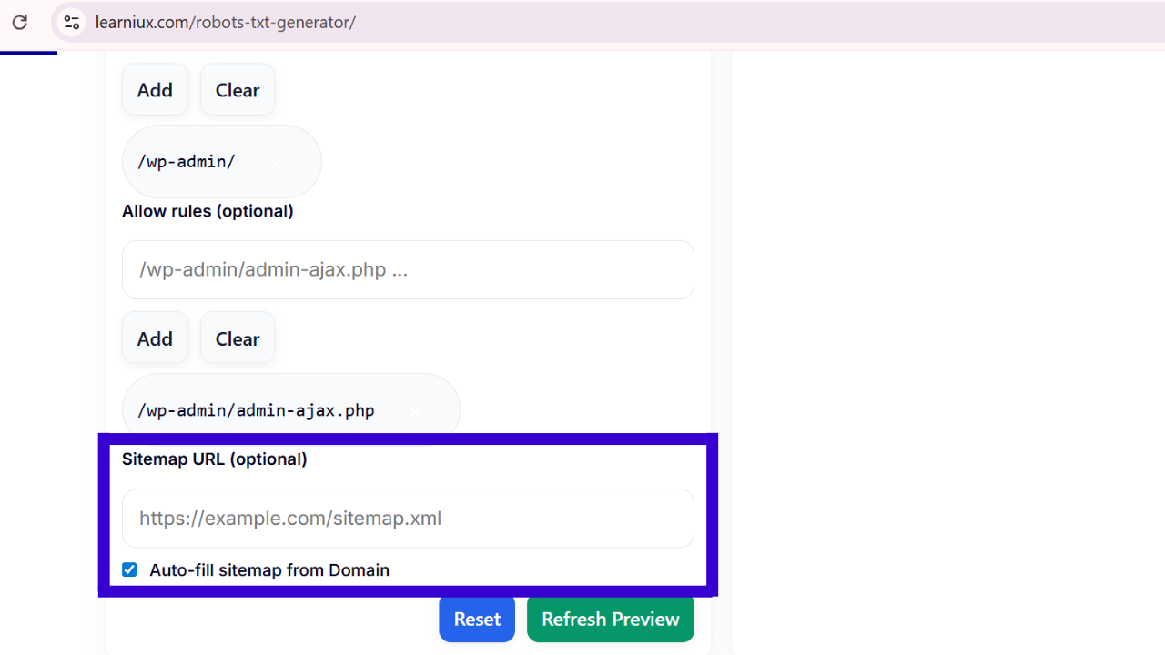 Screenshot of the robots.txt generator tool showing the Sitemap URL (optional) input field and the "Auto-fill sitemap from domain" checkbox.