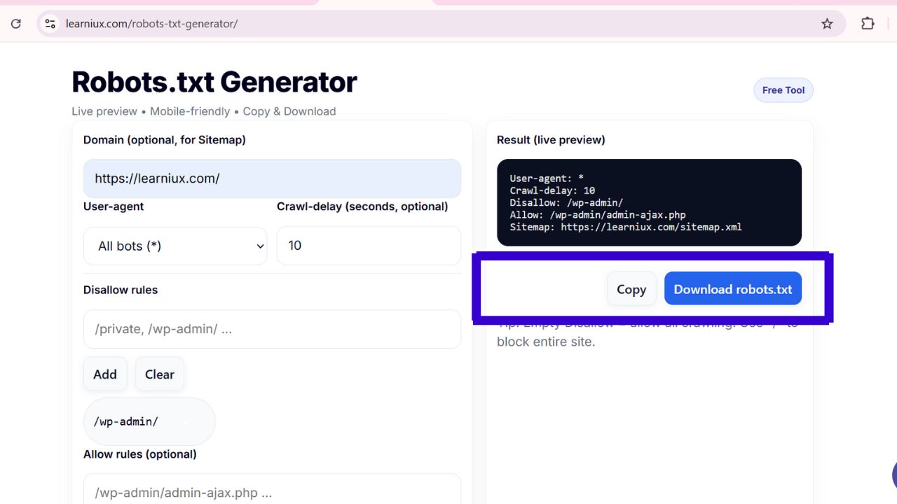 Screenshot of an online robots.txt generator tool showing the robots.txt Copy and Download buttons to get the final file.