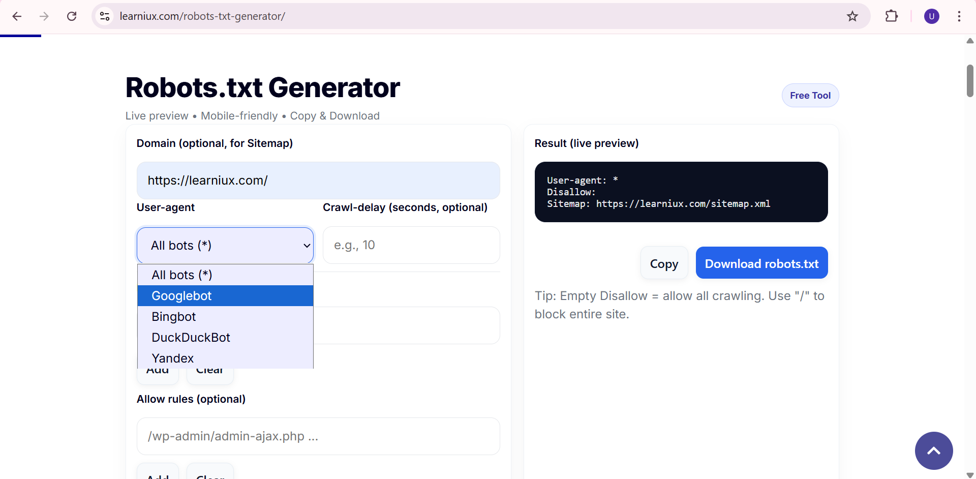 Screenshot of the "Robots.txt Generator" tool on the learniux.com website, showing a user selecting a user-agent from a dropdown menu.