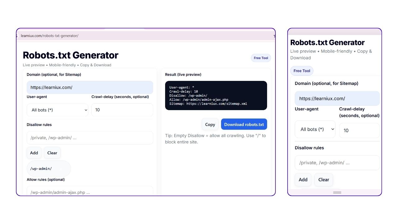 A side-by-side screenshot showing the desktop and mobile versions of a robots.txt generator tool, highlighting its responsive design.