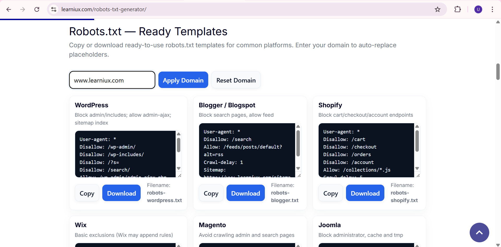 Screenshot of the robots.txt template generator showing pre-configured templates for popular platforms like WordPress, Shopify, and Blogger.