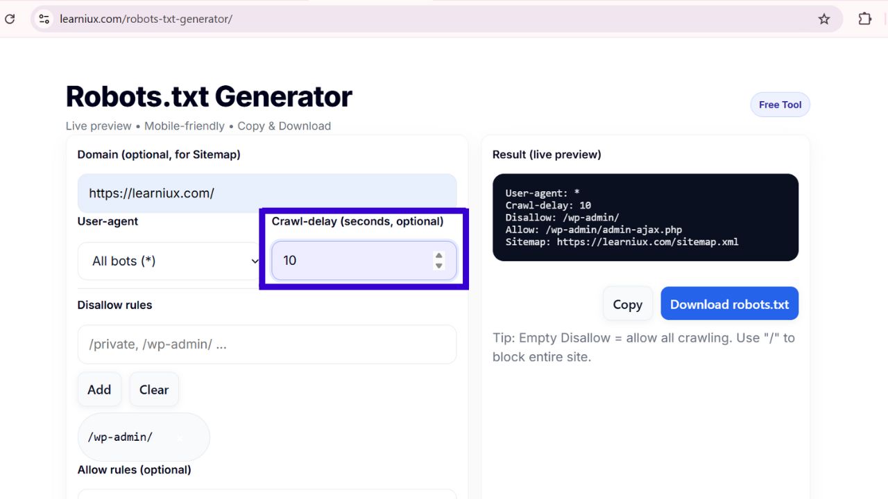 Screenshot of the robots.txt generator tool with the "Crawl-delay" field set to 10 seconds.
