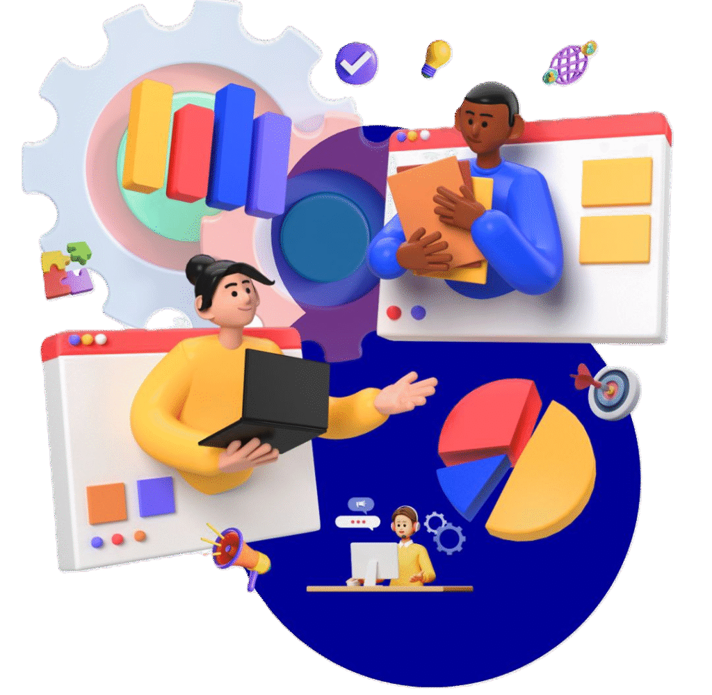 Diverse group learning SEO with laptops and books