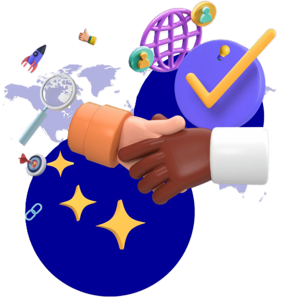 Handshake with trust badge and global map