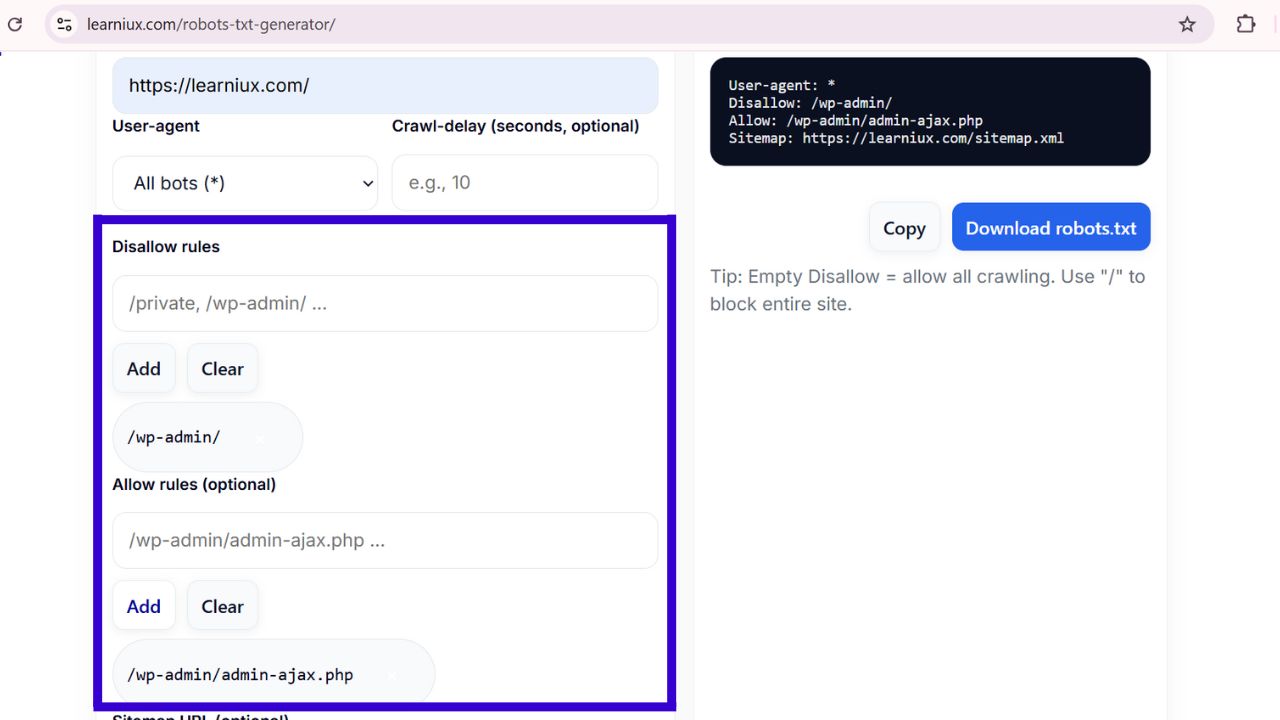 It will describe the image to search engines and visually impaired users. It should be brief but informative, mentioning the tool and the specific rules being configured. Example: Screenshot of a robots.txt generator tool showing the configuration of "Disallow" and "Allow" rules to block or allow access to specific website directories and files.