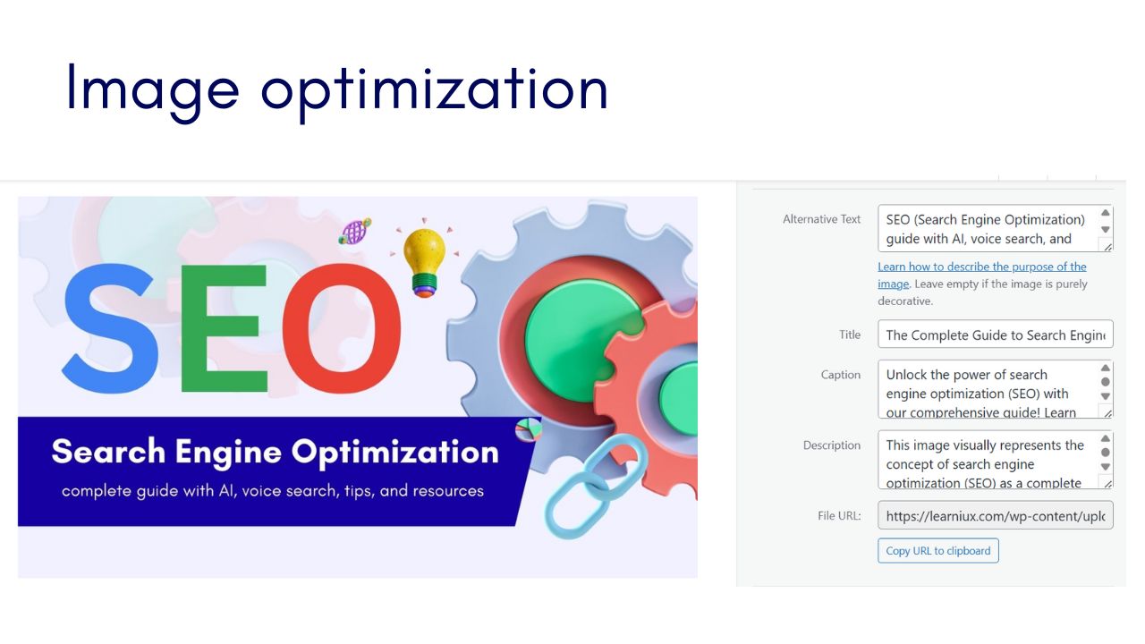 Infographic on image optimization for SEO, featuring a colorful SEO guide illustration with gears, lightbulbs, and editable fields for alt text, title, caption, and description.