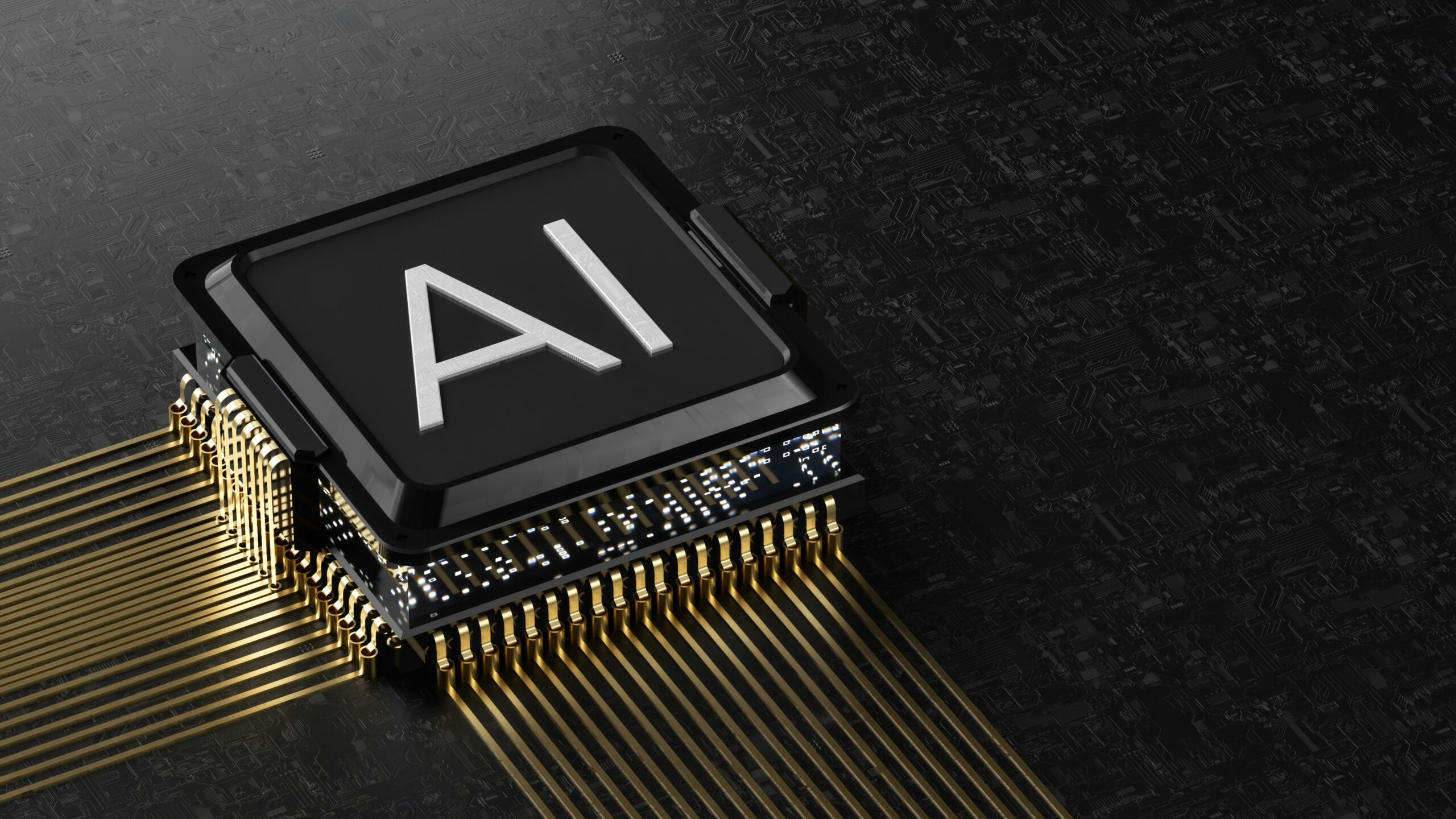 A 3D rendered black AI processor chip with the label "AI" on a circuit board, gold pins shining, symbolizes the risk of useless AI-generated content in Google Core updates