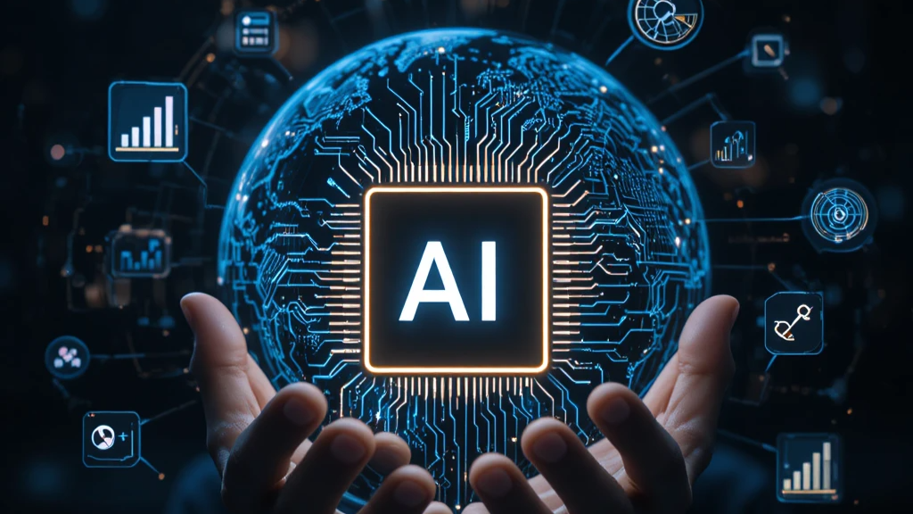 A pair of hands holding a glowing globe with a circuit board pattern and the text "AI" surrounded by charts, graphs, and digital icons, symbolizing AI-based SEO optimization.