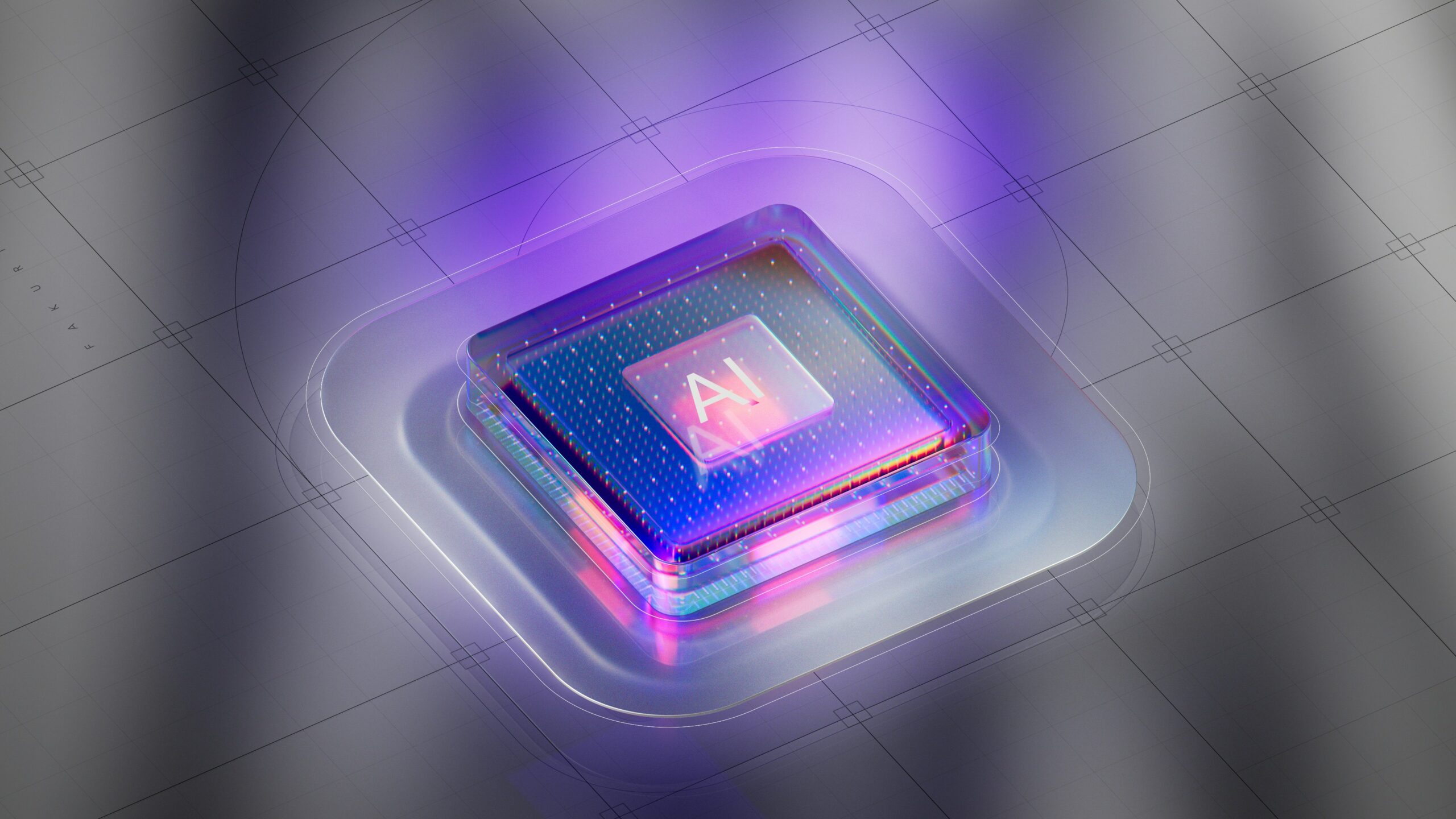 AI-powered microchip on a futuristic grid background, symbolizing advanced technology in SEO optimization, with shades of purple and pink.