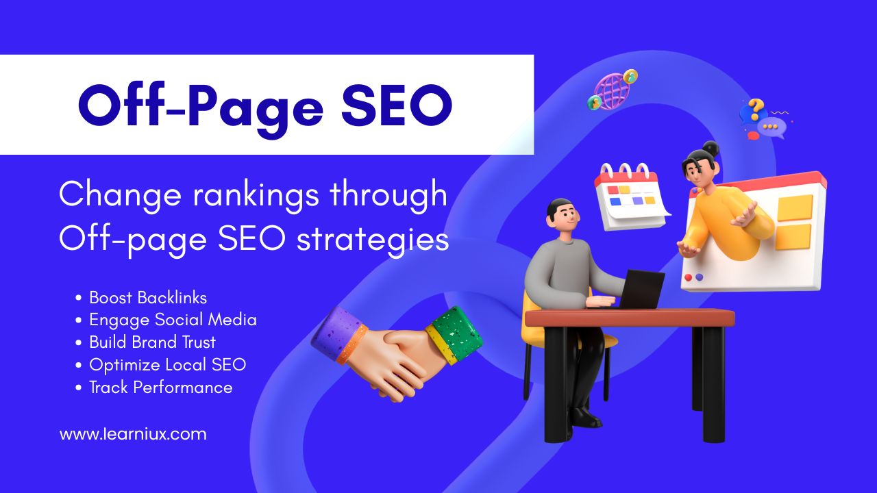Animated illustration of off-page SEO strategies using two calendars, a calendar, and a laptop, highlighting boosting backlinks, engaging social media, building brand trust, optimizing local SEO, and tracking performance.