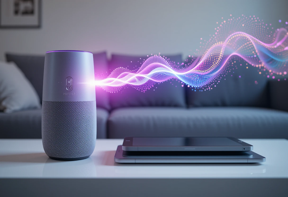 Smart speaker with vibrant purple and blue sound waves in a modern living room next to a tablet and phone.