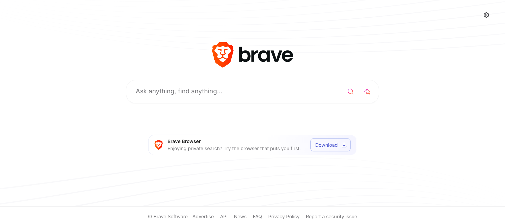 The Brave search engine homepage, featuring the Brave Lion logo, search bar, and download option for the privacy-focused browser on a white background.