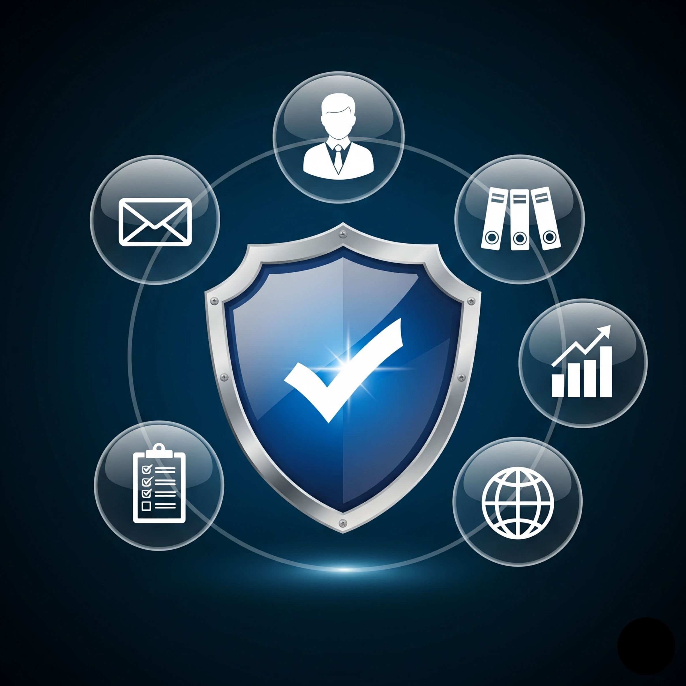 A futuristic shield icon with a checkmark surrounded by icons representing trustworthiness, including people, emails, checklists, files, charts, and globes, which symbolize E-A-T for a specific website.