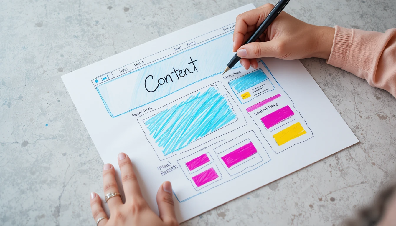 A person sketching a website layout using colored markers on paper, with the main section "Content" highlighted, highlighting the quality of the content design.