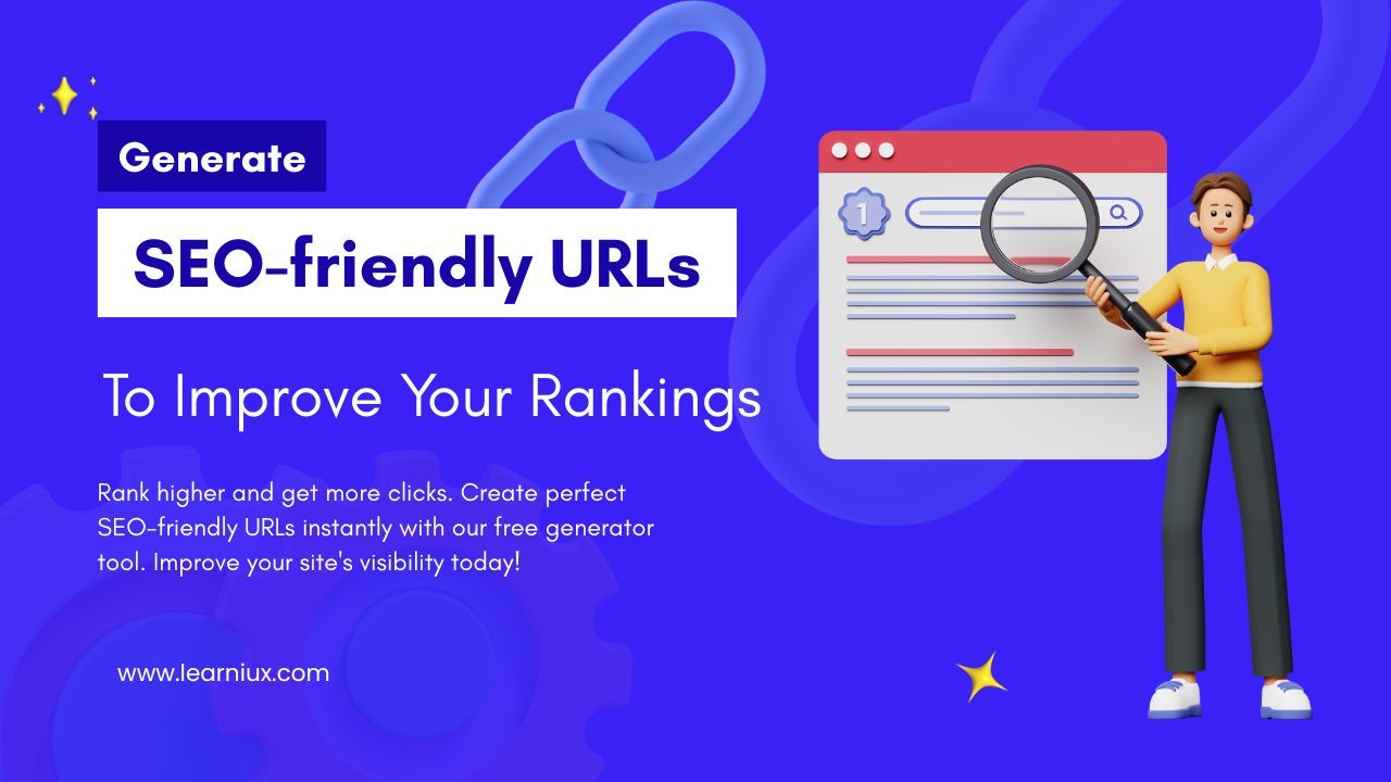 3D character looking at a webpage with a magnifying glass, next to a large chain link, and text about creating SEO-friendly URLs