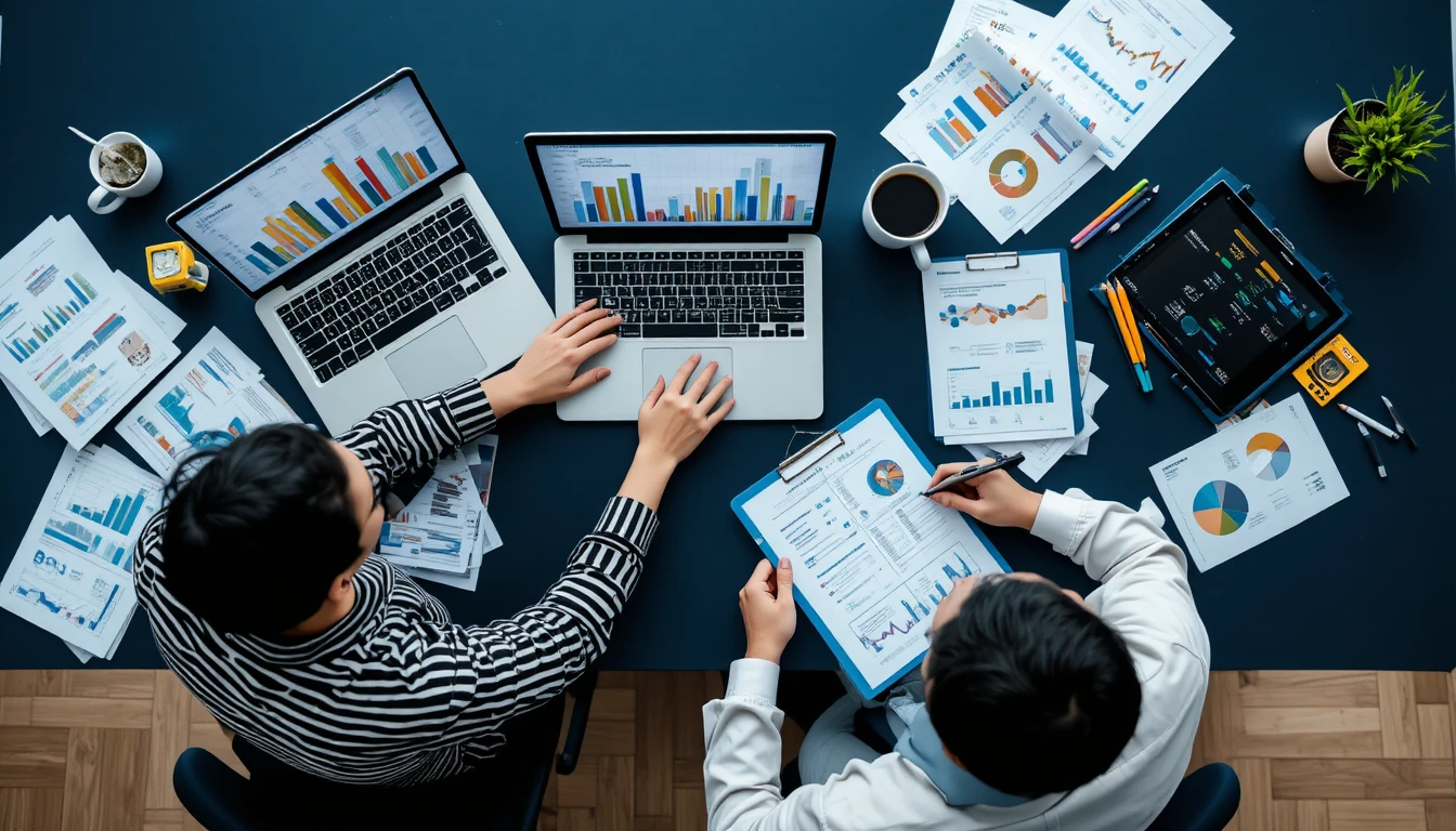 Two professionals analyzing charts and graphs on a laptop and paper documents, surrounded by coffee cups and office supplies on a dark desk, representing SEO marketing services data analysis.