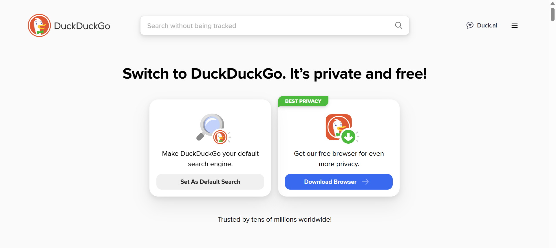 The DuckDuckGo search engine homepage features the DuckDuckGo logo, search bar, and options to set it as the default search engine or download the browser on a white background.