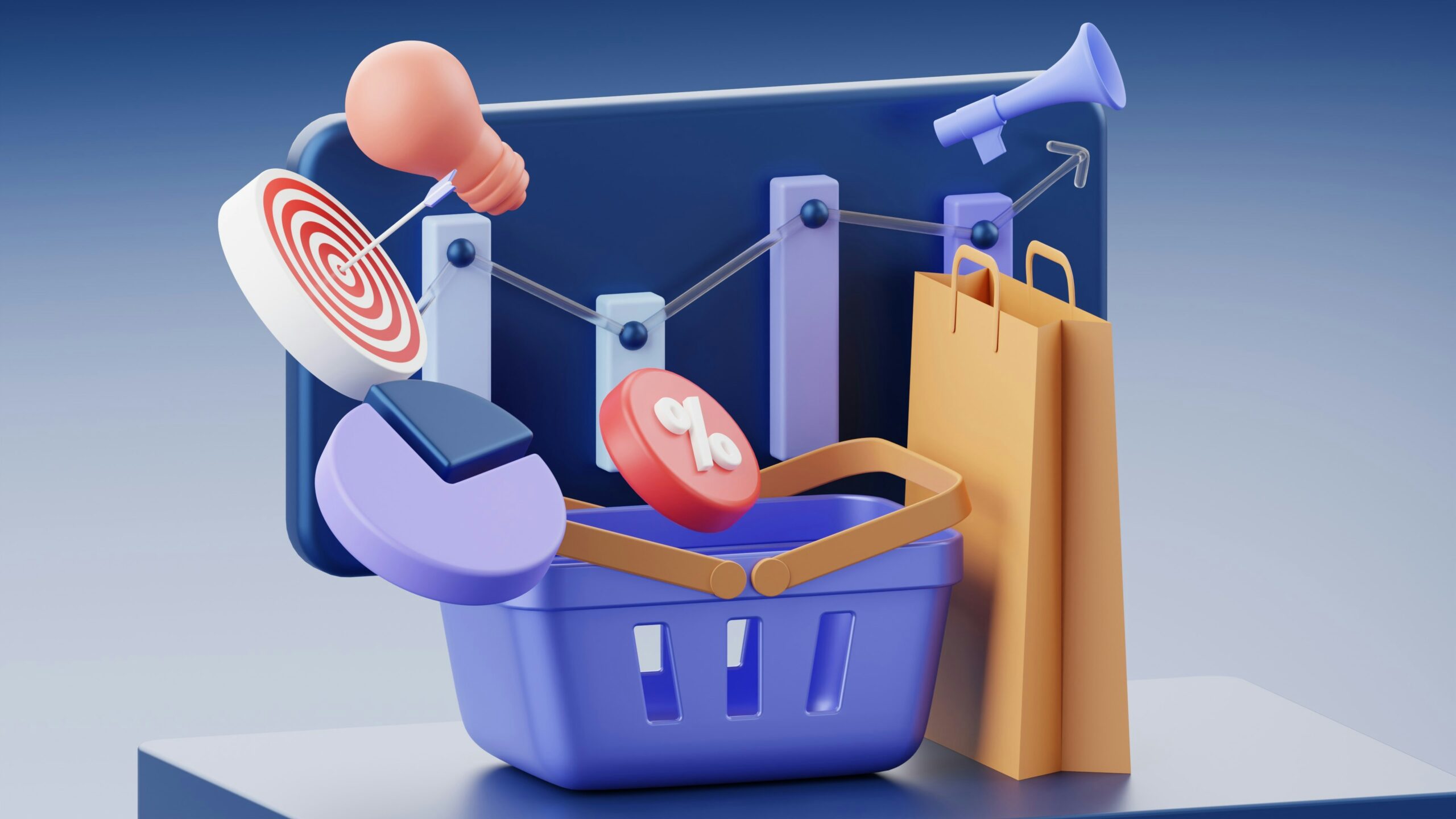 A vibrant 3D illustration with an e-commerce theme featuring shopping baskets, shopping bags, targets, lightbulbs, percentage signs, and graphs on a digital screen, symbolizing SEO optimization for online stores.