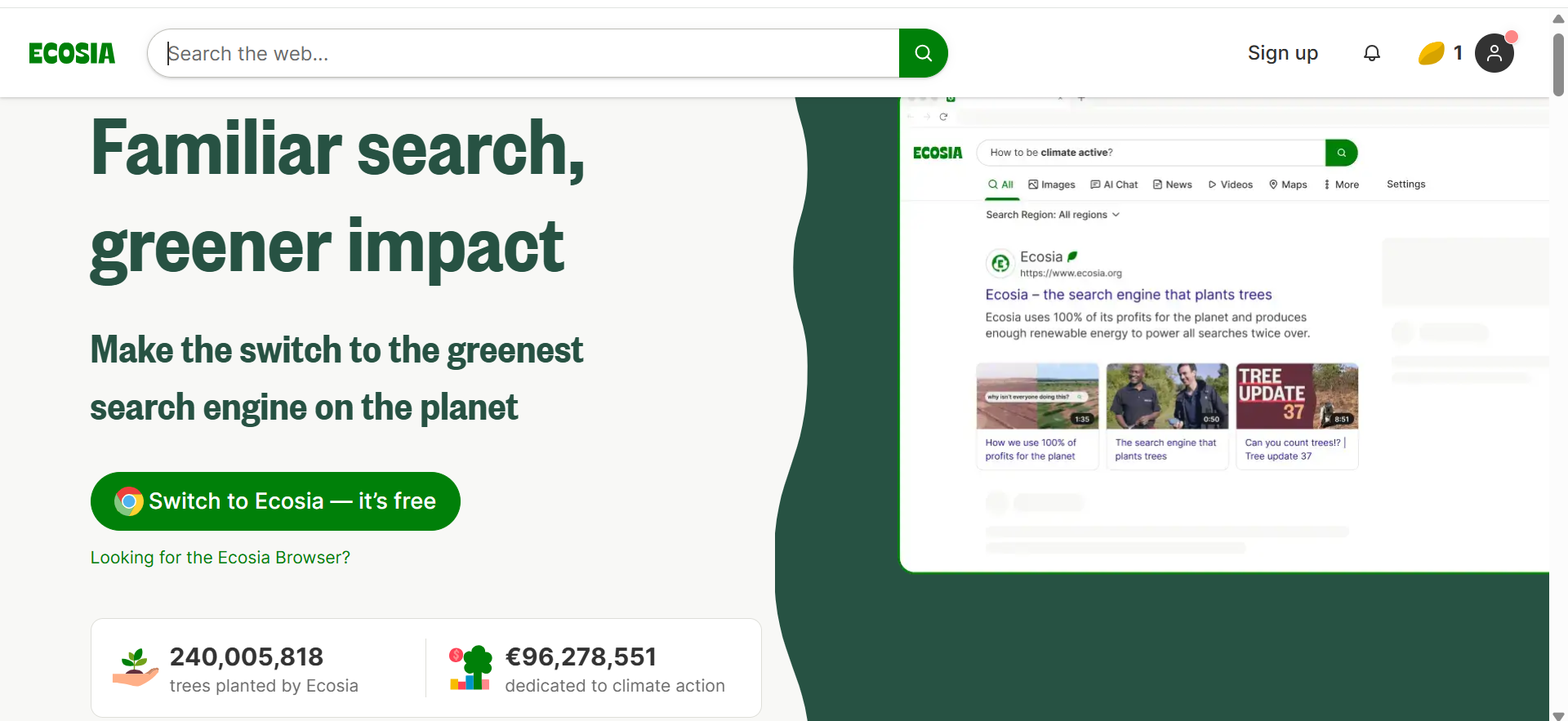 The Ecosia search engine homepage features the Ecosia logo, search bar, and details on planted trees and climate action on a green and white background.