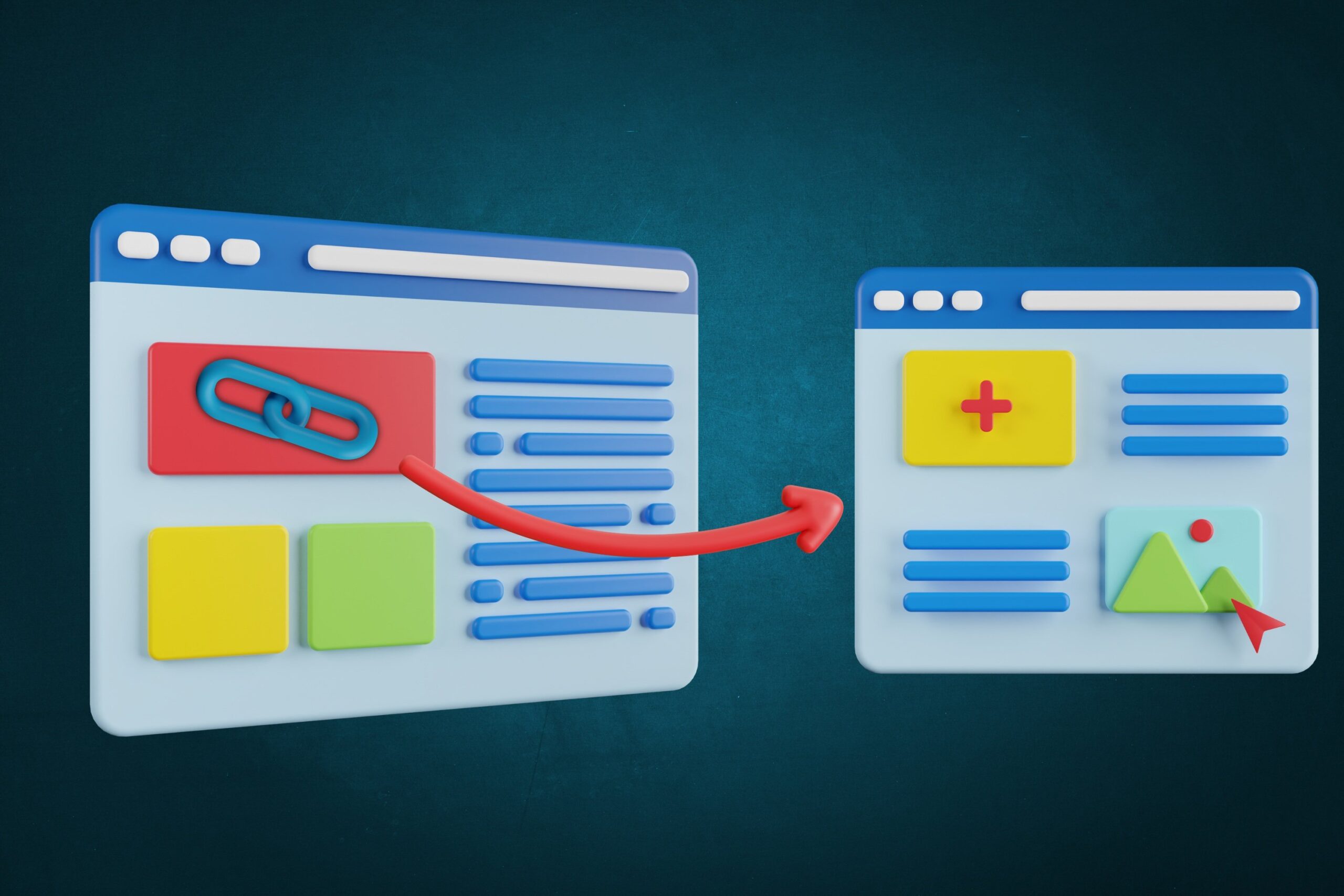 3D illustration of two web pages, one with a link icon and colored blocks, connecting to the other with a plus sign and image block, symbolizing ethical backlink building for off-page SEO.