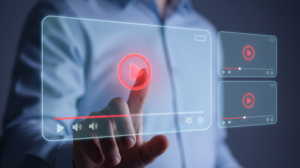 A person interacts with a holographic interface displaying video content, featuring play buttons and a progress bar, which are emblematic of modern video marketing and SEO strategies.