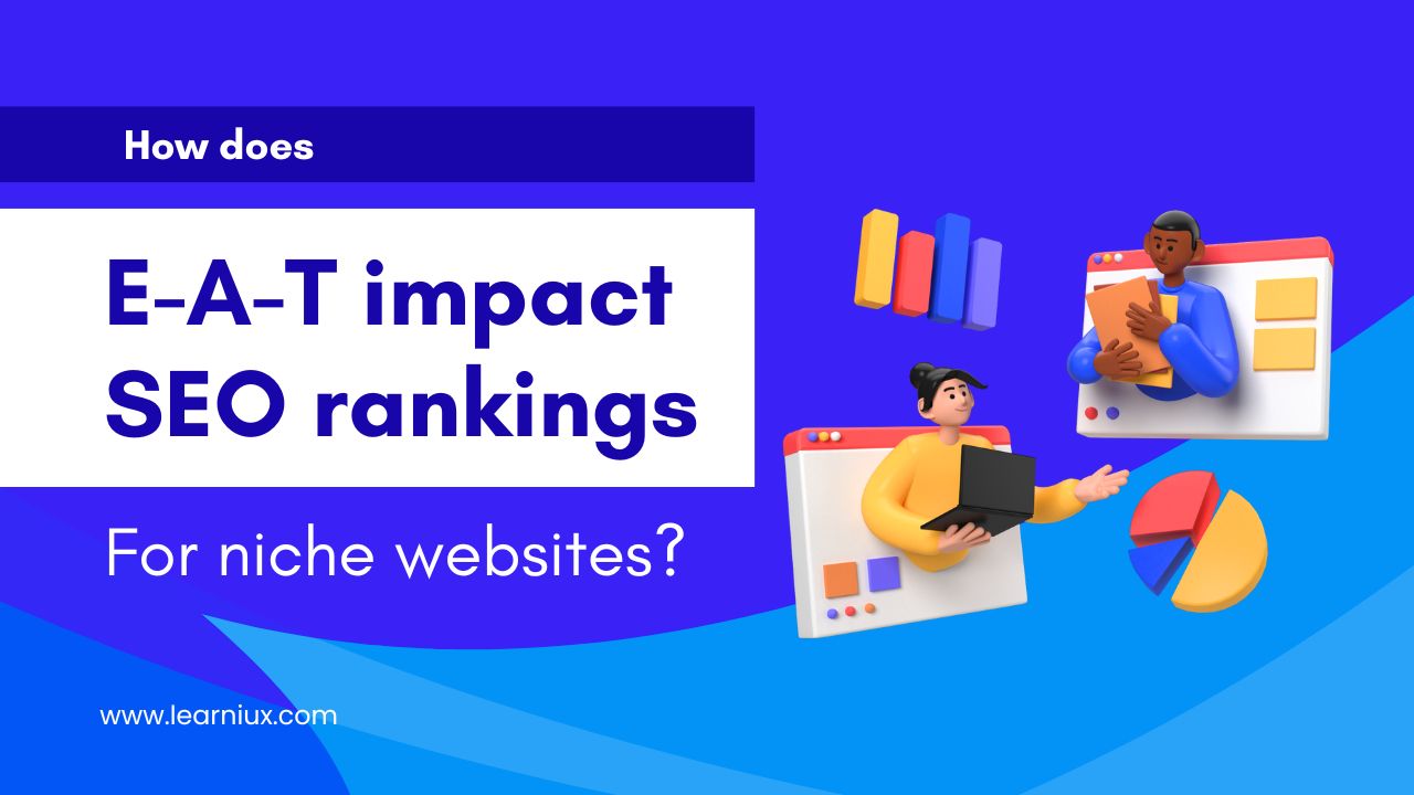 A vibrant image featuring an animated character analyzing charts and graphs with the text "How does E-A-T affect SEO rankings for niche websites?"