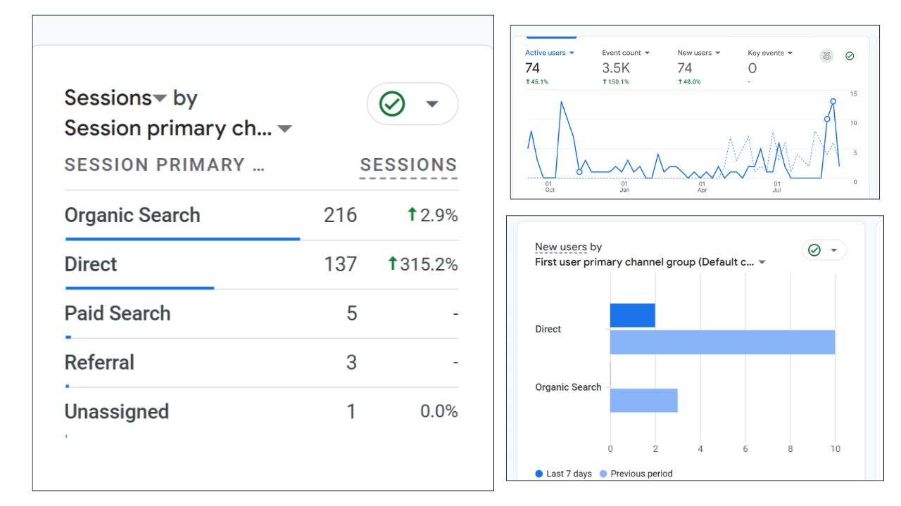 Google Analytics Screenshot Showing 216 Organic Search Sessions, 137 Direct Sessions, Active Users and New Users Graphs by Channel Post-Core Update