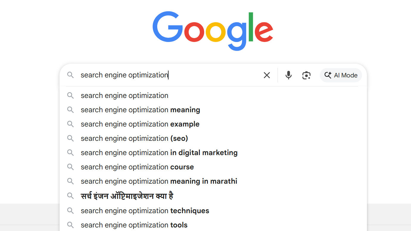 Google Search Autocomplete results for the query "search engine optimization" display relevant SEO keyword suggestions in English and regional languages.