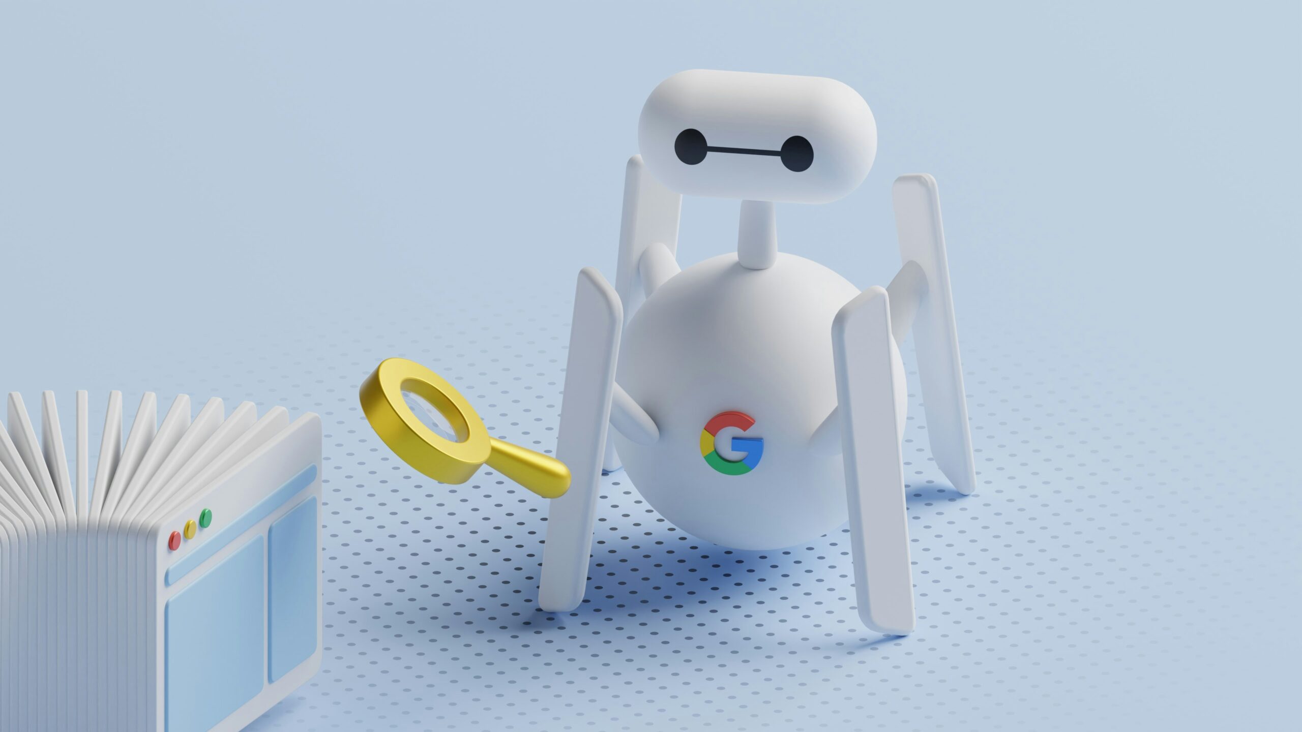 3D illustration of a Google Bot with a magnifying glass crawling a website, featuring a book-like interface with colored indicators for SEO optimization