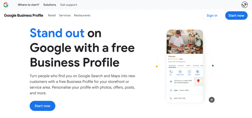 The Google Business Profile homepage encourages businesses to create a free profile with a photo of the chef, highlighting features like photos, posts, and reviews for local SEO.