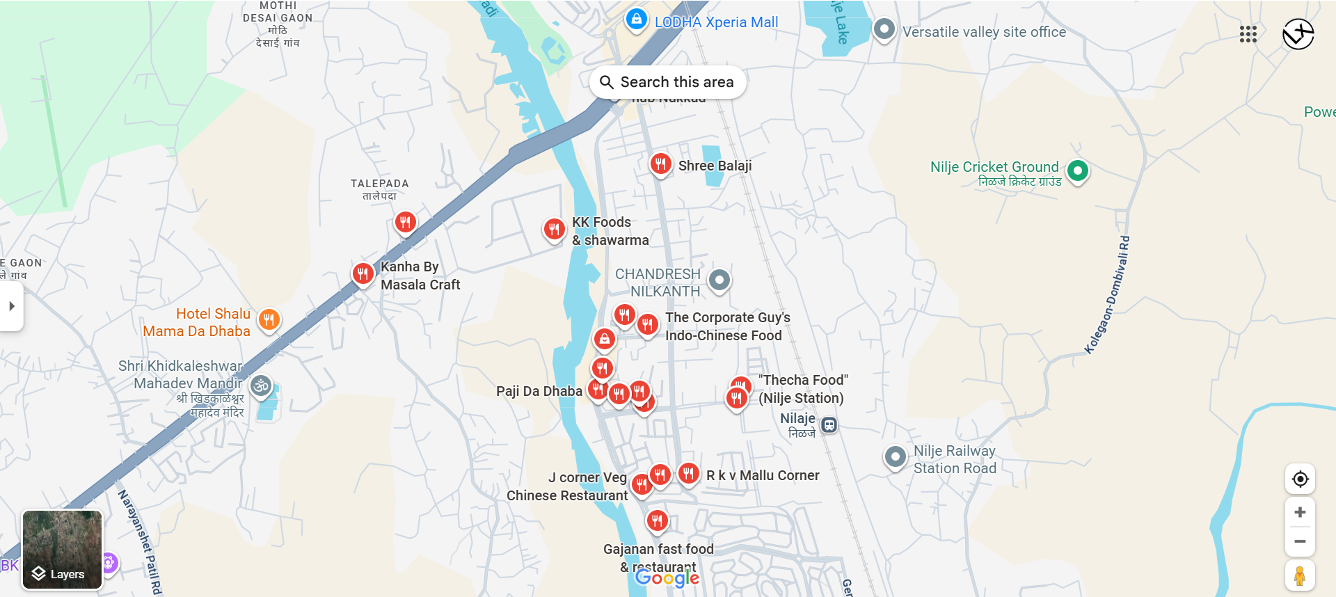 A map showing a list of restaurants in Nilje village, Maharashtra, including Shree Balaji, KK Foods, and Paji Da Dhaba, with nearby landmarks like Lodha Xperia Mall.