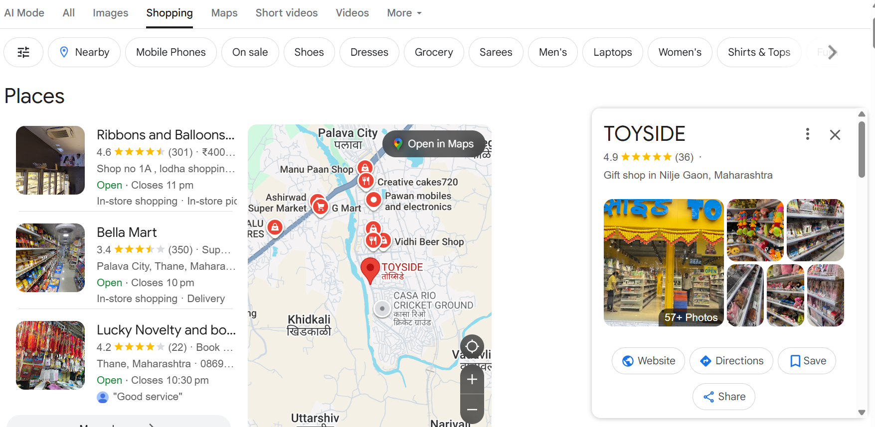 Google search results show toy stores in Nilje village, including Ribbons & Balloons and Bella Mart, with TOYSIDE, with a 4.9 star rating and photos.