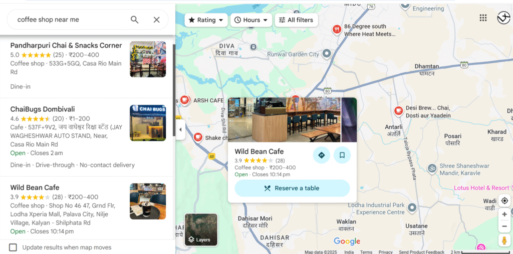 Google Maps results for “coffee shops near me” display Wild Bean Cafe, Pandharputri Chai, and Chaibugs, along with ratings, hours, and reservation options for local SEO.