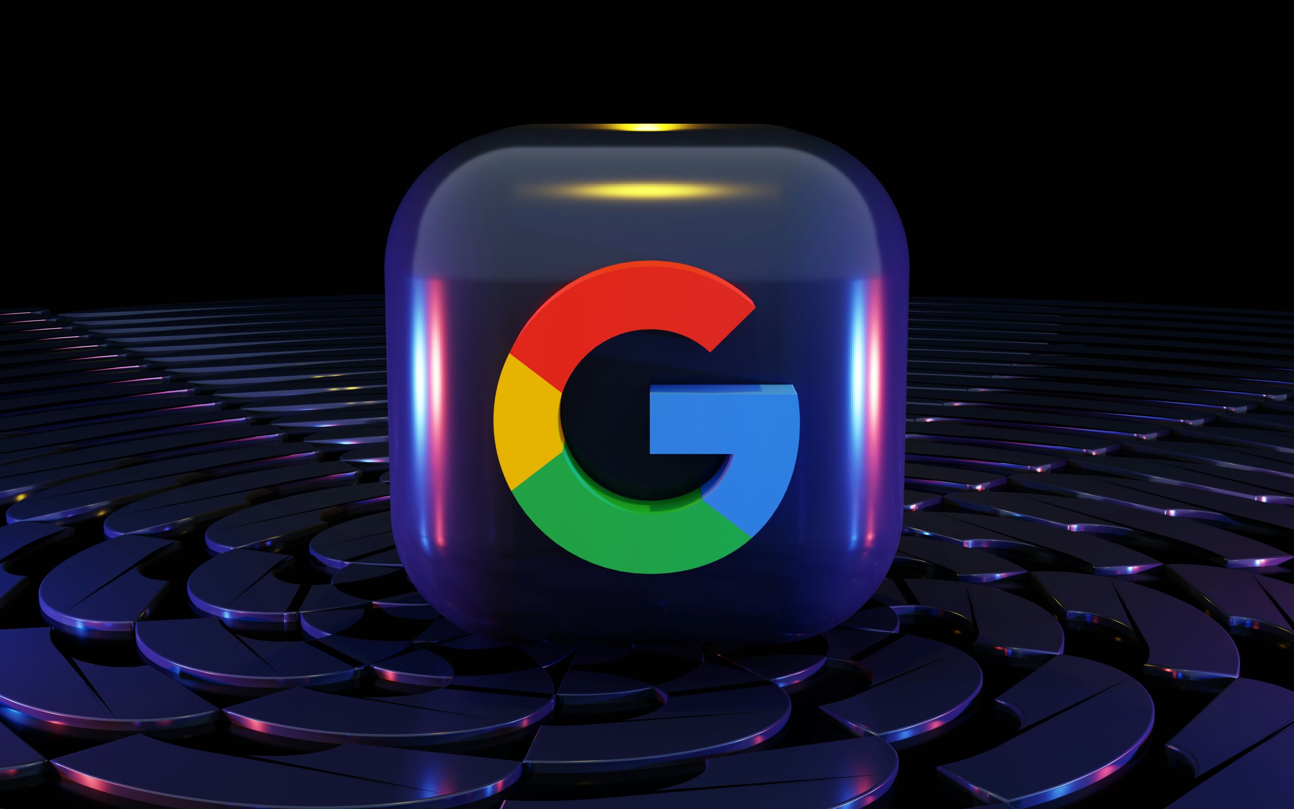 A vibrant 3D Google icon with a multi-colored "G" on a bright purple background, surrounded by a futuristic, layered platform, symbolizing search engine optimization and Google PageRank.