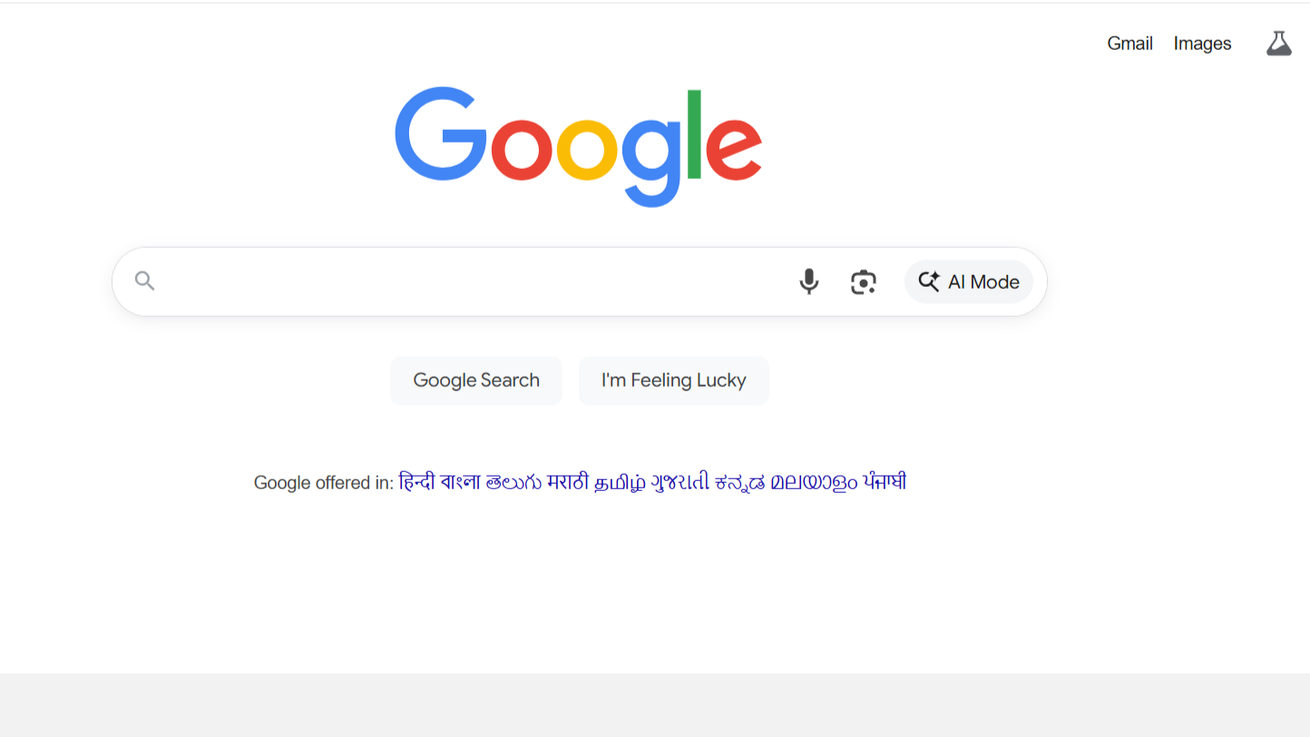 A clean interface of the Google search engine homepage, with a colorful logo, search bar, and navigation options for web queries.