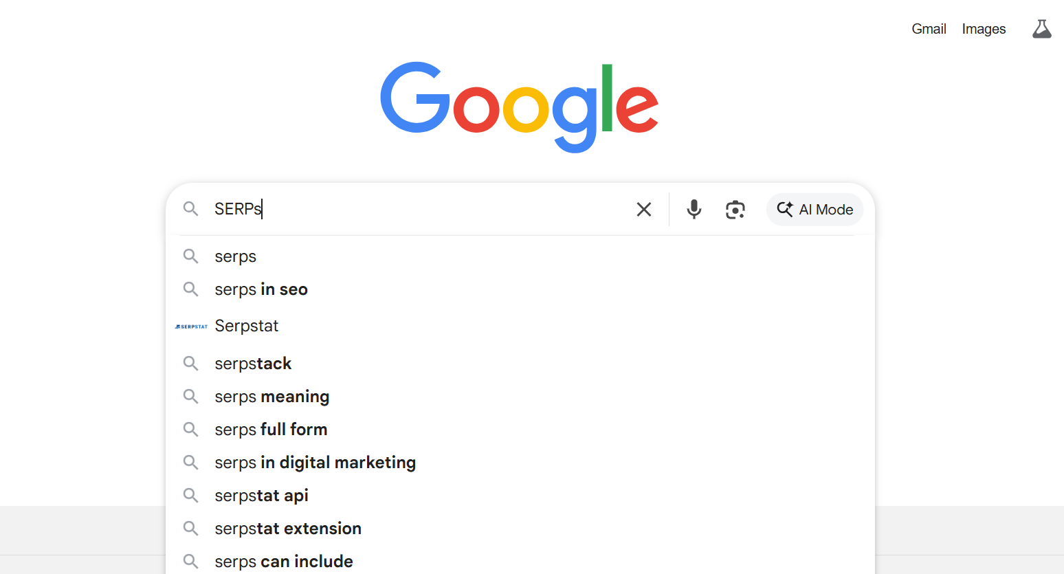 Screenshot of the Google search interface with the query "SERP", showing autocomplete suggestions such as "serps in seo," "serpstat," and "serps meaning," with the AI mode button visible, indicating the evolution of search technology and its potential impact on traditional SERPs.