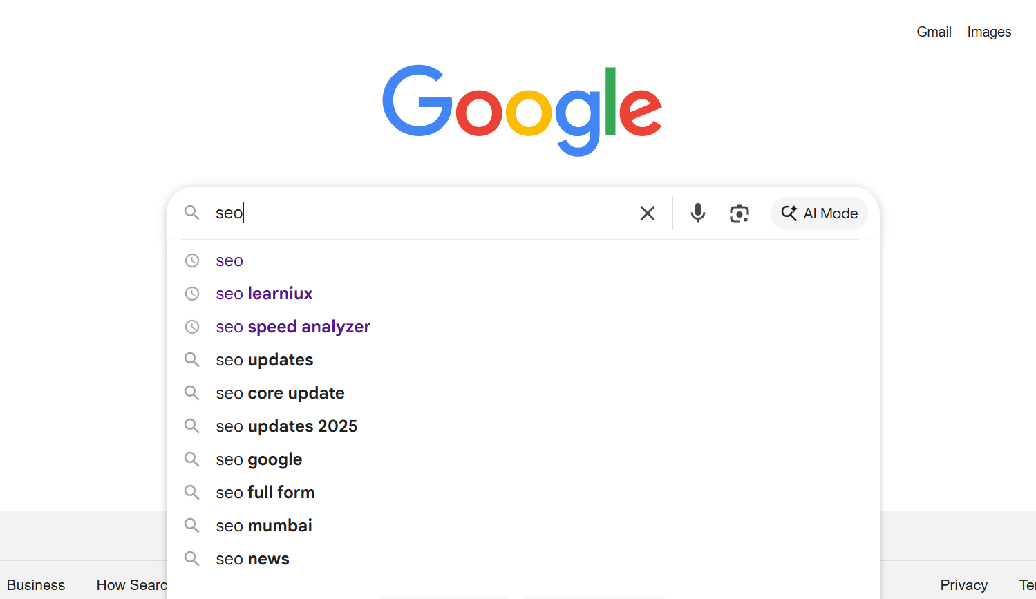 Google search bar with autocomplete suggestions for SEO terms, highlighting SEO optimization strategies.