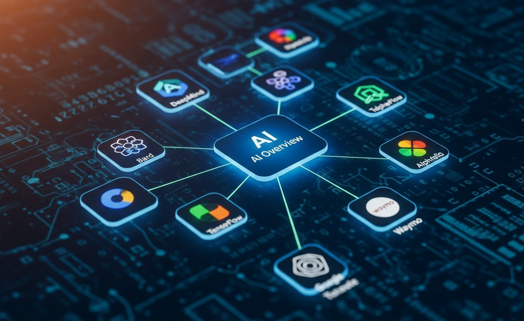 Futuristic AI Overview Ecosystem that showcases Google AI technologies, including the Gemini Model, Bard Chatbot, TensorFlow Framework, and other connected AI tools, in a digital network for advanced search optimization and SEO strategies.
